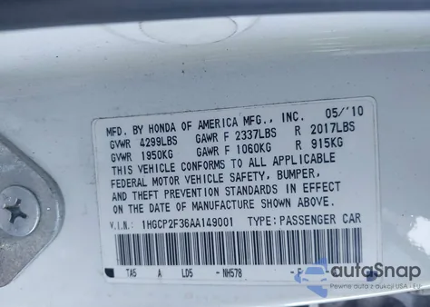 2010 Honda Accord 2.4 Lx from USA, damaged, VIN 1HGCP2F36AA149001